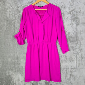 Gianni Bini Hot Pink Roll Tab Sleeve Dress Stretch Waist Pleated V-Neck Size M
